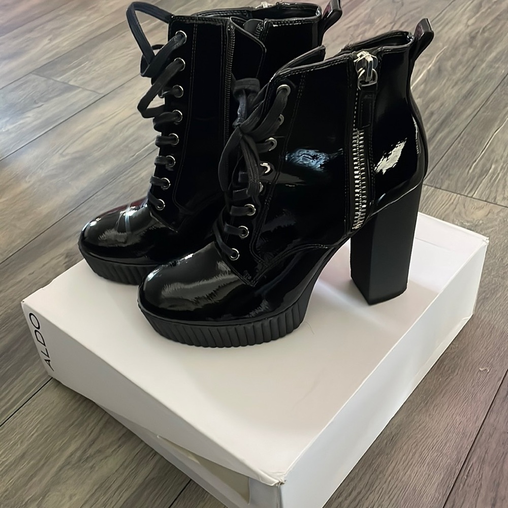 Women’s Aldo patent leather boots, size 10
